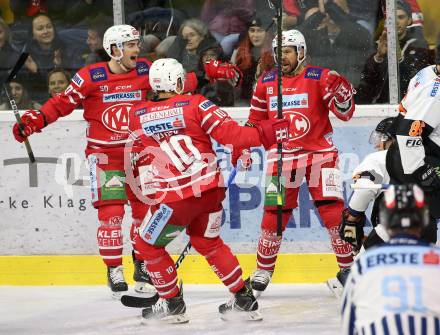 EBEL. Eishockey Bundesliga. KAC gegen	Moser Medical Graz99ers. Torjubel Thomas Koch, Matthew Neal, Andrew Jacob Kozek (KAC). Klagenfurt, am 6.10.2019.
Foto: Kuess
www.qspictures.net

---
pressefotos, pressefotografie, kuess, qs, qspictures, sport, bild, bilder, bilddatenbank