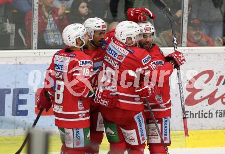 EBEL. Eishockey Bundesliga. KAC gegen	Moser Medical Graz99ers. Torjubel Andrew Jacob Kozek, Thomas Koch, Martin Schumnig, Patrick Harand (KAC). Klagenfurt, am 6.10.2019.
Foto: Kuess
www.qspictures.net

---
pressefotos, pressefotografie, kuess, qs, qspictures, sport, bild, bilder, bilddatenbank