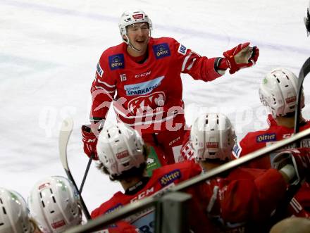 EBEL. Eishockey Bundesliga. KAC gegen	Moser Medical Graz99ers. Torjubel Patrick Harand (KAC). Klagenfurt, am 6.10.2019.
Foto: Kuess
www.qspictures.net

---
pressefotos, pressefotografie, kuess, qs, qspictures, sport, bild, bilder, bilddatenbank