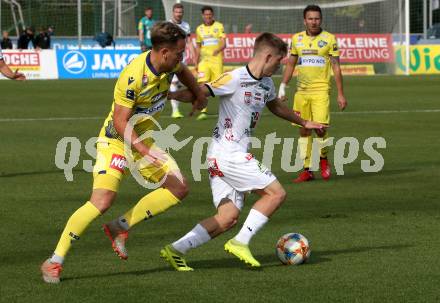 Fussball Bundesliga. RZ Pellets WAC gegen spusu SKN St. Poelten. Romano Christian Schmid,  (WAC), Dominik Hofbauer (St. Poelten). Wolfsberg, am 6.10.2019.
Foto: Kuess
www.qspictures.net

---
pressefotos, pressefotografie, kuess, qs, qspictures, sport, bild, bilder, bilddatenbank