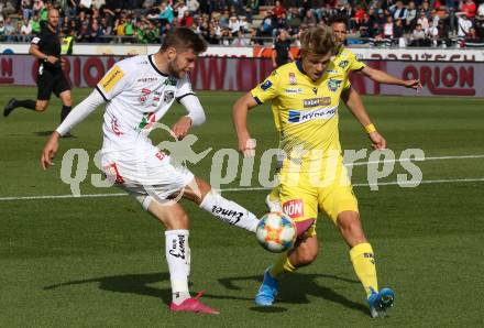 Fussball Bundesliga. RZ Pellets WAC gegen spusu SKN St. Poelten. Dominik Baumgartner,  (WAC), Noah Steiner (St. Poelten). Wolfsberg, am 6.10.2019.
Foto: Kuess
www.qspictures.net

---
pressefotos, pressefotografie, kuess, qs, qspictures, sport, bild, bilder, bilddatenbank