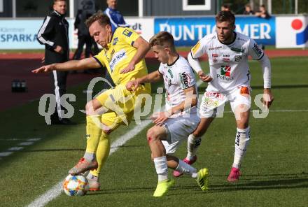 Fussball Bundesliga. RZ Pellets WAC gegen spusu SKN St. Poelten. Romano Christian Schmid, Dominik Baumgartner,  (WAC), Dominik Hofbauer (St. Poelten). Wolfsberg, am 6.10.2019.
Foto: Kuess
www.qspictures.net

---
pressefotos, pressefotografie, kuess, qs, qspictures, sport, bild, bilder, bilddatenbank