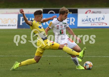 Fussball Bundesliga. RZ Pellets WAC gegen spusu SKN St. Poelten. Marc Andre Schmerboeck,  (WAC), Sandro Ingolitsch (St. Poelten). Wolfsberg, am 6.10.2019.
Foto: Kuess
www.qspictures.net

---
pressefotos, pressefotografie, kuess, qs, qspictures, sport, bild, bilder, bilddatenbank