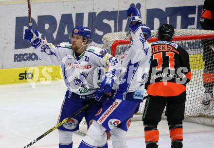 EBEL. Eishockey Bundesliga. EC VSV gegen Moser Medical Graz99ers.   Torjubel Marko Poeyhoenen, Miika Lahti (VSV). Villach, am 13.10.2019.
Foto: Kuess
www.qspictures.net
---
pressefotos, pressefotografie, kuess, qs, qspictures, sport, bild, bilder, bilddatenbank