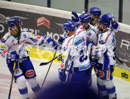 EBEL. Eishockey Bundesliga. EC VSV gegen Moser Medical Graz99ers.   Torjubel Brodie Reid, Markus Schlacher, Stefan Bacher, Jerry Pollastrone, Patrick Bjorkstrand (VSV). Villach, am 13.10.2019.
Foto: Kuess
www.qspictures.net
---
pressefotos, pressefotografie, kuess, qs, qspictures, sport, bild, bilder, bilddatenbank
