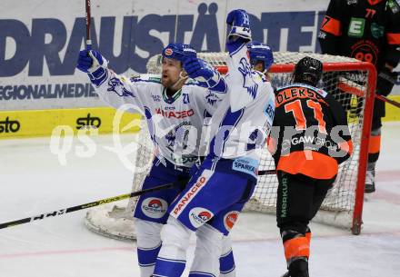 EBEL. Eishockey Bundesliga. EC VSV gegen Moser Medical Graz99ers.   Torjubel Marko Poeyhoenen, Miika Lahti (VSV). Villach, am 13.10.2019.
Foto: Kuess
www.qspictures.net
---
pressefotos, pressefotografie, kuess, qs, qspictures, sport, bild, bilder, bilddatenbank