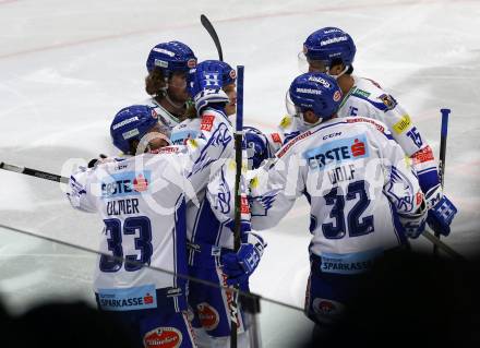 EBEL. Eishockey Bundesliga. EC VSV gegen Moser Medical Graz99ers.   Torjubel Martin Ulmer, Chris Collins, Anton Karlsson, Bernd Wolf, Brodie Reid (VSV). Villach, am 13.10.2019.
Foto: Kuess
www.qspictures.net
---
pressefotos, pressefotografie, kuess, qs, qspictures, sport, bild, bilder, bilddatenbank
