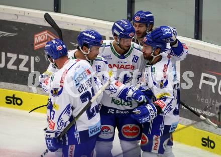EBEL. Eishockey Bundesliga. EC VSV gegen Moser Medical Graz99ers.   Torjubel Brodie Reid, Markus Schlacher, Stefan Bacher, Jerry Pollastrone, Patrick Bjorkstrand (VSV). Villach, am 13.10.2019.
Foto: Kuess
www.qspictures.net
---
pressefotos, pressefotografie, kuess, qs, qspictures, sport, bild, bilder, bilddatenbank