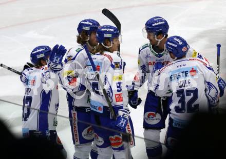 EBEL. Eishockey Bundesliga. EC VSV gegen Moser Medical Graz99ers.   Torjubel Martin Ulmer, Chris Collins, Anton Karlsson, Bernd Wolf, Brodie Reid (VSV). Villach, am 13.10.2019.
Foto: Kuess
www.qspictures.net
---
pressefotos, pressefotografie, kuess, qs, qspictures, sport, bild, bilder, bilddatenbank