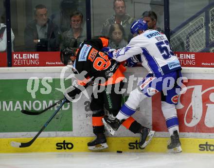 EBEL. Eishockey Bundesliga. EC VSV gegen Moser Medical Graz99ers.   Alen Bibic,  (VSV), David Aslin (Graz). Villach, am 13.10.2019.
Foto: Kuess
www.qspictures.net
---
pressefotos, pressefotografie, kuess, qs, qspictures, sport, bild, bilder, bilddatenbank