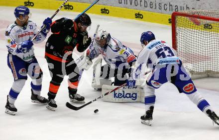 EBEL. Eishockey Bundesliga. EC VSV gegen Moser Medical Graz99ers.   Marko Poeyhoenen, Brandon Maxwell, Alen Bibic,  (VSV), Travis Oleksuk (Graz). Villach, am 13.10.2019.
Foto: Kuess
www.qspictures.net
---
pressefotos, pressefotografie, kuess, qs, qspictures, sport, bild, bilder, bilddatenbank