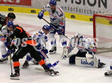 EBEL. Eishockey Bundesliga. EC VSV gegen Moser Medical Graz99ers.   Bernd Wolf, Brandon Maxwell, Alen Bibic,  (VSV), Zintis Nauris Zusevics (Graz). Villach, am 13.10.2019.
Foto: Kuess
www.qspictures.net
---
pressefotos, pressefotografie, kuess, qs, qspictures, sport, bild, bilder, bilddatenbank