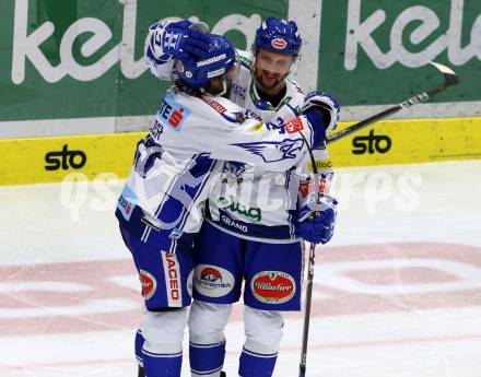 EBEL. Eishockey Bundesliga. EC VSV gegen Moser Medical Graz99ers.   Torjubel Martin Ulmer, Nico Brunner (VSV). Villach, am 13.10.2019.
Foto: Kuess
www.qspictures.net
---
pressefotos, pressefotografie, kuess, qs, qspictures, sport, bild, bilder, bilddatenbank