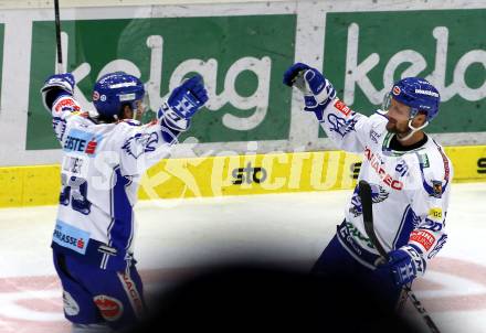 EBEL. Eishockey Bundesliga. EC VSV gegen Moser Medical Graz99ers.   Torjubel Martin Ulmer, Nico Brunner (VSV). Villach, am 13.10.2019.
Foto: Kuess
www.qspictures.net
---
pressefotos, pressefotografie, kuess, qs, qspictures, sport, bild, bilder, bilddatenbank