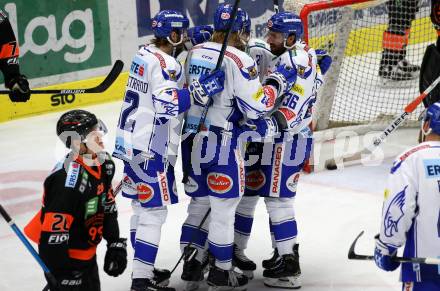 EBEL. Eishockey Bundesliga. EC VSV gegen Moser Medical Graz99ers.   Torjubel Patrick Bjorkstrand, Marko Poeyhoenen, Miika Lahti, Jerry Pollastrone (VSV). Villach, am 13.10.2019.
Foto: Kuess
www.qspictures.net
---
pressefotos, pressefotografie, kuess, qs, qspictures, sport, bild, bilder, bilddatenbank