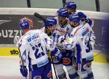 EBEL. Eishockey Bundesliga. EC VSV gegen Moser Medical Graz99ers.   Torjubel Brodie Reid, Markus Schlacher, Stefan Bacher, Jerry Pollastrone, Patrick Bjorkstrand (VSV). Villach, am 13.10.2019.
Foto: Kuess
www.qspictures.net
---
pressefotos, pressefotografie, kuess, qs, qspictures, sport, bild, bilder, bilddatenbank
