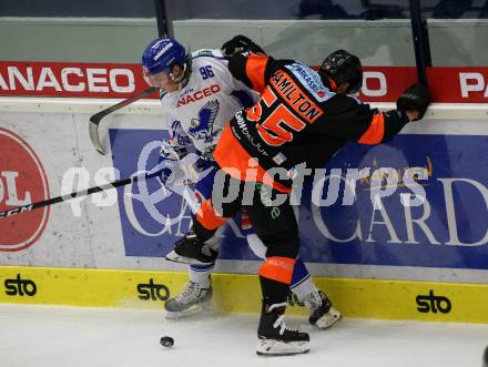 EBEL. Eishockey Bundesliga. EC VSV gegen Moser Medical Graz99ers.   Anton Karlsson,  (VSV), Trevor Hamilton (Graz). Villach, am 13.10.2019.
Foto: Kuess
www.qspictures.net
---
pressefotos, pressefotografie, kuess, qs, qspictures, sport, bild, bilder, bilddatenbank