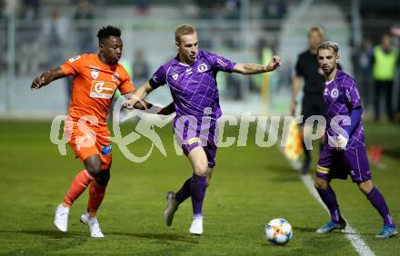 Fussball 2. Liga. SK Austria Klagenfurt gegen  SV Horn. Florian Jaritz, Okan Aydin,  (Austria Klagenfurt), Michael Cheukoua (Horn). Klagenfurt, am 18.10.2019.
Foto: Kuess
www.qspictures.net
---
pressefotos, pressefotografie, kuess, qs, qspictures, sport, bild, bilder, bilddatenbank