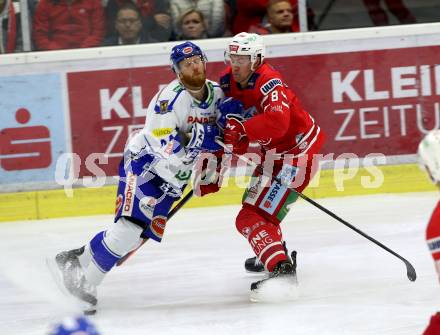 EBEL. Eishockey Bundesliga. KAC gegen	VSV. Petersen Nicholas Eric (KAC), Fraser Jamie (VSV). Klagenfurt, am 18.10.2019.
Foto: Kuess
www.qspictures.net

---
pressefotos, pressefotografie, kuess, qs, qspictures, sport, bild, bilder, bilddatenbank