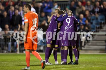 Fussball 2. Liga. SK Austria Klagenfurt gegen  SV Horn. Torjubel Okan Aydin, Darijo Pecirep, Ivan Saravanja (Austria Klagenfurt). Klagenfurt, am 18.10.2019.
Foto: Kuess
www.qspictures.net
---
pressefotos, pressefotografie, kuess, qs, qspictures, sport, bild, bilder, bilddatenbank