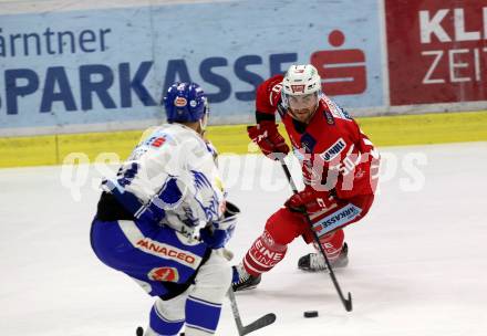 EBEL. Eishockey Bundesliga. KAC gegen	VSV.  Neal Matthew (KAC), Fraser Jamie (VSV). Klagenfurt, am 18.10.2019.
Foto: Kuess
www.qspictures.net

---
pressefotos, pressefotografie, kuess, qs, qspictures, sport, bild, bilder, bilddatenbank