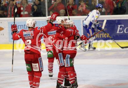 EBEL. Eishockey Bundesliga. KAC gegen	VSV. Torjubel Andrew Kozek, Petersen Nicholas Eric, Koch Thomas, Fischer David Joseph, (KAC). Klagenfurt, am 18.10.2019.
Foto: Kuess
www.qspictures.net

---
pressefotos, pressefotografie, kuess, qs, qspictures, sport, bild, bilder, bilddatenbank