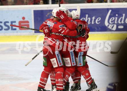 EBEL. Eishockey Bundesliga. KAC gegen	VSV. Torjubel Andrew Kozek, Petersen Nicholas Eric, Koch Thomas, Fischer David Joseph, Hansson Petter  (KAC). Klagenfurt, am 18.10.2019.
Foto: Kuess
www.qspictures.net

---
pressefotos, pressefotografie, kuess, qs, qspictures, sport, bild, bilder, bilddatenbank