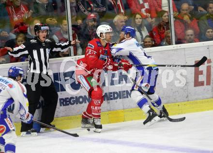 EBEL. Eishockey Bundesliga. KAC gegen	VSV.  Hundertpfund Thomas (KAC), Fraser Jamie (VSV). Klagenfurt, am 18.10.2019.
Foto: Kuess
www.qspictures.net

---
pressefotos, pressefotografie, kuess, qs, qspictures, sport, bild, bilder, bilddatenbank