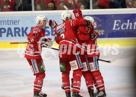 EBEL. Eishockey Bundesliga. KAC gegen	VSV. Torjubel Andrew Kozek, Petersen Nicholas Eric, Koch Thomas, Fischer David Joseph, Hansson Petter  (KAC). Klagenfurt, am 18.10.2019.
Foto: Kuess
www.qspictures.net

---
pressefotos, pressefotografie, kuess, qs, qspictures, sport, bild, bilder, bilddatenbank
