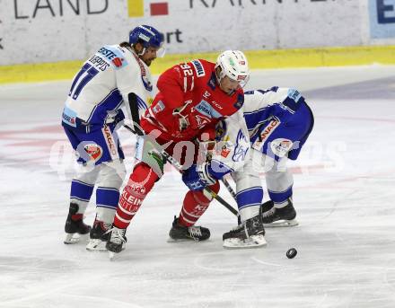 EBEL. Eishockey Bundesliga. KAC gegen	VSV. Clemens Unterwerger, (KAC),  Christof Wappis, Miika Lahti  (VSV). Klagenfurt, am 18.10.2019.
Foto: Kuess
www.qspictures.net

---
pressefotos, pressefotografie, kuess, qs, qspictures, sport, bild, bilder, bilddatenbank