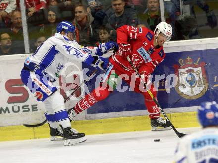 EBEL. Eishockey Bundesliga. KAC gegen	VSV. Hundertpfund Thomas (KAC),  Bibic Alen (VSV). Klagenfurt, am 18.10.2019.
Foto: Kuess
www.qspictures.net

---
pressefotos, pressefotografie, kuess, qs, qspictures, sport, bild, bilder, bilddatenbank