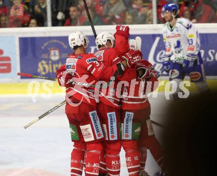 EBEL. Eishockey Bundesliga. KAC gegen	VSV. Torjubel Andrew Kozek, Petersen Nicholas Eric, Koch Thomas, Fischer David Joseph, Hansson Petter  (KAC). Klagenfurt, am 18.10.2019.
Foto: Kuess
www.qspictures.net

---
pressefotos, pressefotografie, kuess, qs, qspictures, sport, bild, bilder, bilddatenbank