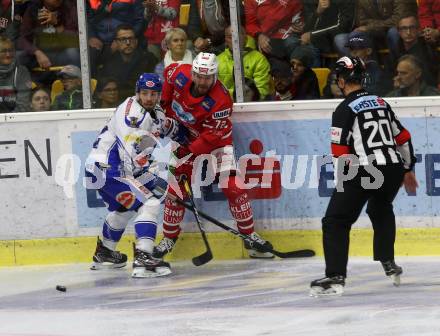 EBEL. Eishockey Bundesliga. KAC gegen	VSV. Liivik Siim (KAC),  Wolf Bernd (VSV). Klagenfurt, am 18.10.2019.
Foto: Kuess
www.qspictures.net

---
pressefotos, pressefotografie, kuess, qs, qspictures, sport, bild, bilder, bilddatenbank