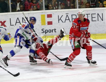 EBEL. Eishockey Bundesliga. KAC gegen	VSV. Koch Thomas, Petersen Nicholas Eric (KAC), Maxa Felix (VSV). Klagenfurt, am 18.10.2019.
Foto: Kuess
www.qspictures.net

---
pressefotos, pressefotografie, kuess, qs, qspictures, sport, bild, bilder, bilddatenbank