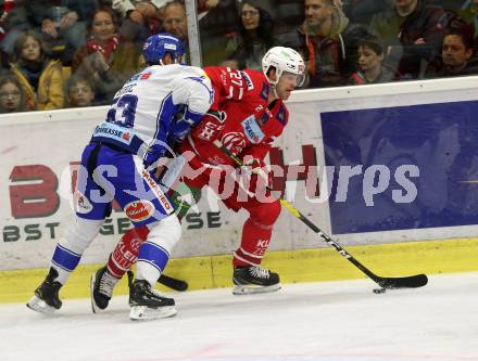 EBEL. Eishockey Bundesliga. KAC gegen	VSV. Hundertpfund Thomas (KAC),  Bibic Alen (VSV). Klagenfurt, am 18.10.2019.
Foto: Kuess
www.qspictures.net

---
pressefotos, pressefotografie, kuess, qs, qspictures, sport, bild, bilder, bilddatenbank