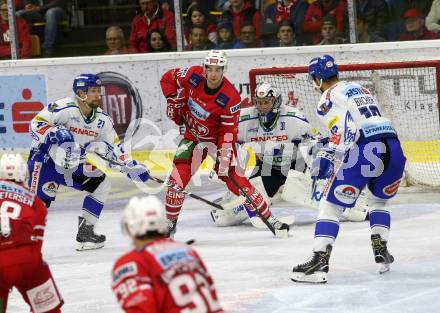 EBEL. Eishockey Bundesliga. KAC gegen	VSV. Haudum Lukas (KAC), Poeyhoenen Marko, Maxwell Brandon, Bacher Stefan (VSV). Klagenfurt, am 18.10.2019.
Foto: Kuess
www.qspictures.net

---
pressefotos, pressefotografie, kuess, qs, qspictures, sport, bild, bilder, bilddatenbank