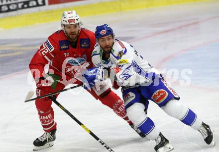 EBEL. Eishockey Bundesliga. KAC gegen	VSV. Siim Liivik, (KAC), Jerry Pollastrone  (VSV). Klagenfurt, am 18.10.2019.
Foto: Kuess
www.qspictures.net

---
pressefotos, pressefotografie, kuess, qs, qspictures, sport, bild, bilder, bilddatenbank