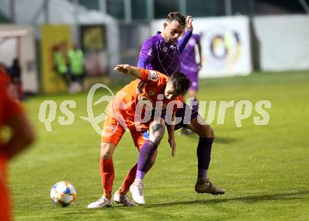 Fussball 2. Liga. SK Austria Klagenfurt gegen  SV Horn. Philipp Huetter,  (Austria Klagenfurt),  Filip Faletar (Horn). Klagenfurt, am 18.10.2019.
Foto: Kuess
www.qspictures.net
---
pressefotos, pressefotografie, kuess, qs, qspictures, sport, bild, bilder, bilddatenbank
