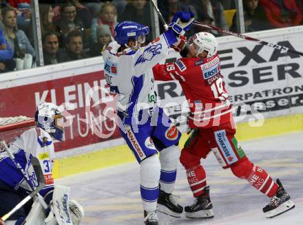 EBEL. Eishockey Bundesliga. KAC gegen	VSV. Geier Stefan (KAC),  Bibic Alen (VSV). Klagenfurt, am 18.10.2019.
Foto: Kuess
www.qspictures.net

---
pressefotos, pressefotografie, kuess, qs, qspictures, sport, bild, bilder, bilddatenbank