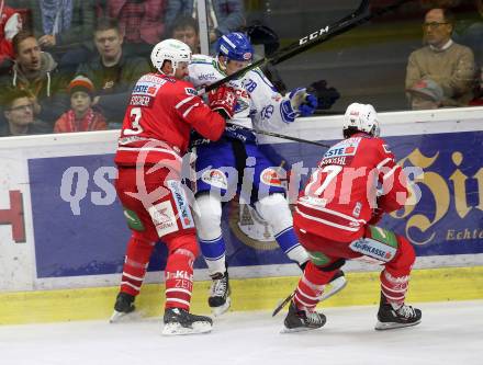 EBEL. Eishockey Bundesliga. KAC gegen	VSV. Fischer David Joseph, Manuel Ganahl,  (KAC),  Maxa Felix (VSV). Klagenfurt, am 18.10.2019.
Foto: Kuess
www.qspictures.net

---
pressefotos, pressefotografie, kuess, qs, qspictures, sport, bild, bilder, bilddatenbank