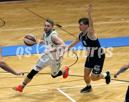 Basketball 2. Bundesliga. Grunddurchgang 5. Runde. KOS Celovec gegen BBC Nord Dragonz.  Tim Huber (KOS Celovec), Felix Leindecker (Nord Dragonz). Klagenfurt, am 19.10.2019.
Foto: Kuess
www.qspictures.net

---
pressefotos, pressefotografie, kuess, qs, qspictures, sport, bild, bilder, bilddatenbank