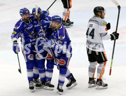 EBEL. Eishockey Bundesliga. EC VSV gegen Dornbirn Bulldogs	. Torjubel Patrick Spannring, Miika Lahti, Marko Poeyhoenen  (VSV). Villach, am 20.10.2019.
Foto: Kuess
www.qspictures.net
---
pressefotos, pressefotografie, kuess, qs, qspictures, sport, bild, bilder, bilddatenbank