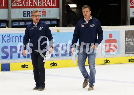 EBEL. Eishockey Bundesliga. EC VSV gegen Dornbirn Bulldogs	.  Co-Trainer Sakari Lindfors, Trainer Jyrki Aho (VSV). Villach, am 20.10.2019.
Foto: Kuess
www.qspictures.net
---
pressefotos, pressefotografie, kuess, qs, qspictures, sport, bild, bilder, bilddatenbank