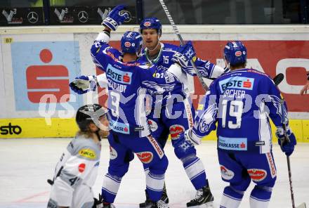 EBEL. Eishockey Bundesliga. EC VSV gegen Dornbirn Bulldogs	.  Torjubel Brodie Reid, Kevin Schmidt, Stefan Bacher (VSV). Villach, am 20.10.2019.
Foto: Kuess
www.qspictures.net
---
pressefotos, pressefotografie, kuess, qs, qspictures, sport, bild, bilder, bilddatenbank