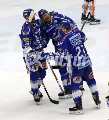 EBEL. Eishockey Bundesliga. EC VSV gegen Dornbirn Bulldogs	. Torjubel Patrick Spannring, Miika Lahti, Marko Poeyhoenen  (VSV). Villach, am 20.10.2019.
Foto: Kuess
www.qspictures.net
---
pressefotos, pressefotografie, kuess, qs, qspictures, sport, bild, bilder, bilddatenbank