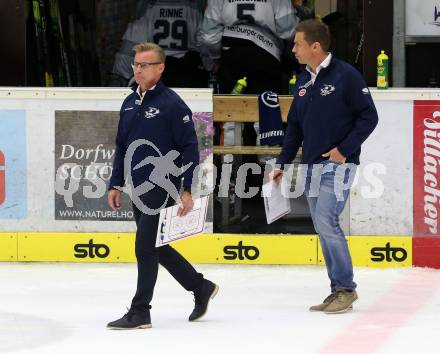 EBEL. Eishockey Bundesliga. EC VSV gegen Dornbirn Bulldogs	.  Co-Trainer Sakari Lindfors, Trainer Jyrki Aho (VSV). Villach, am 20.10.2019.
Foto: Kuess
www.qspictures.net

---
pressefotos, pressefotografie, kuess, qs, qspictures, sport, bild, bilder, bilddatenbank