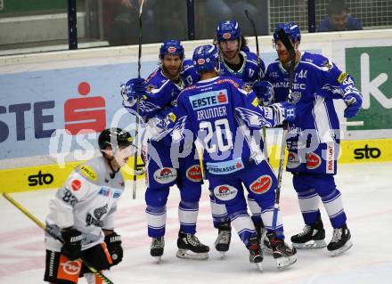 EBEL. Eishockey Bundesliga. EC VSV gegen Dornbirn Bulldogs	.  Torjubel Nico Brunner, Martin Ulmer, Chris Collins, Jamie Fraser (VSV). Villach, am 20.10.2019.
Foto: Kuess
www.qspictures.net
---
pressefotos, pressefotografie, kuess, qs, qspictures, sport, bild, bilder, bilddatenbank