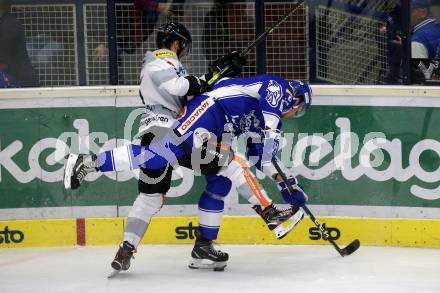 EBEL. Eishockey Bundesliga. EC VSV gegen Dornbirn Bulldogs	.  Adis Alagic,  (VSV), Olivier Magnan (Dornbirn). Villach, am 20.10.2019.
Foto: Kuess
www.qspictures.net
---
pressefotos, pressefotografie, kuess, qs, qspictures, sport, bild, bilder, bilddatenbank
