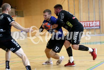HLA. Handball BUndesliga. SC Kelag Ferlach gegen HSG Remus Baernbach/Koeflach. Matic Kotar,  (SCF), Jadranko Stojanovic (Baernbach/Koeflach). Ferlach, am 12.10.2019.
Foto: Kuess
www.qspictures.net

---
pressefotos, pressefotografie, kuess, qs, qspictures, sport, bild, bilder, bilddatenbank