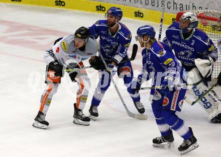 EBEL. Eishockey Bundesliga. EC VSV gegen Dornbirn Bulldogs	.  Kevin Schmidt, Miika Lahti, Brandon Maxwell, (VSV),  Juhani Timo TapionTamminen (Dornbirn). Villach, am 20.10.2019.
Foto: Kuess
www.qspictures.net
---
pressefotos, pressefotografie, kuess, qs, qspictures, sport, bild, bilder, bilddatenbank